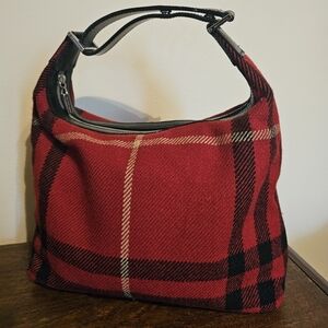 Vintage Burberry Red Wool Bag Leather Trim Exploded Checked Pattern Y2K Rare